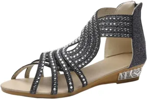 Gladiator Sandals for Women, Womens Fashion Vintage Crystal Outdoor Hollow out Zip up Sandals Shoes