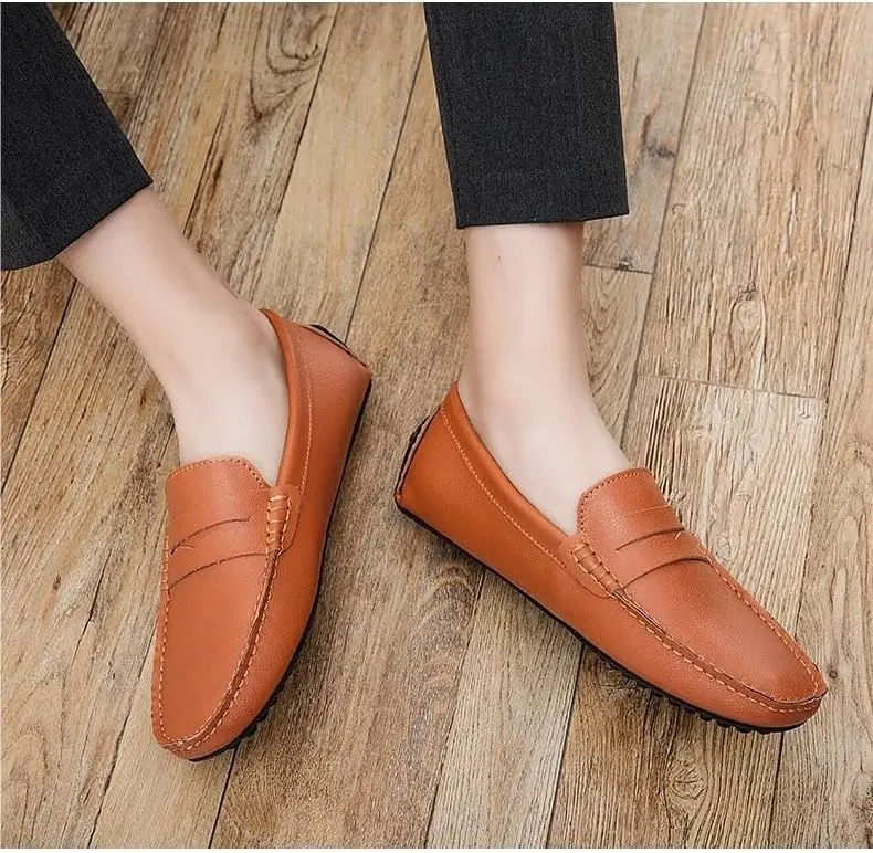 HOOENG Mens Loafers Penny Driving Loafers Vegan Leather Stitching Details Flat Heel Comfortable Flexible Party Slip On