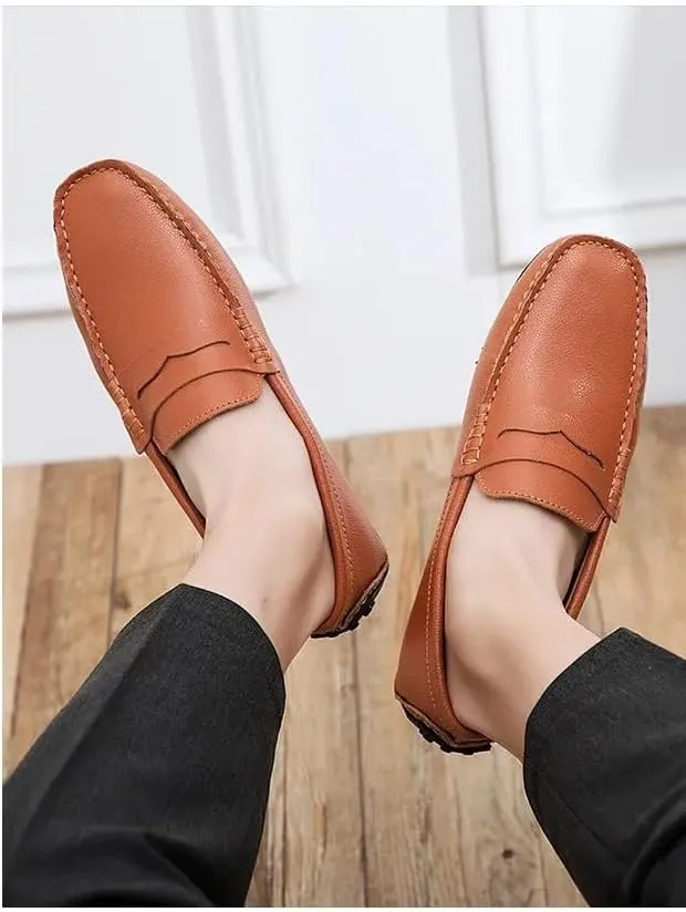 HOOENG Mens Loafers Penny Driving Loafers Vegan Leather Stitching Details Flat Heel Comfortable Flexible Party Slip On