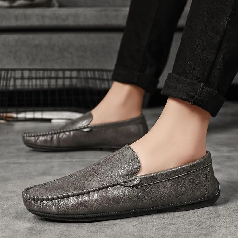 HOOENG Mens Loafers Shoe Vegan Leather Stitching Details Apron Toe Driving Loafers Slip Resistant Lightweight Flat Heel Walking Slip-on