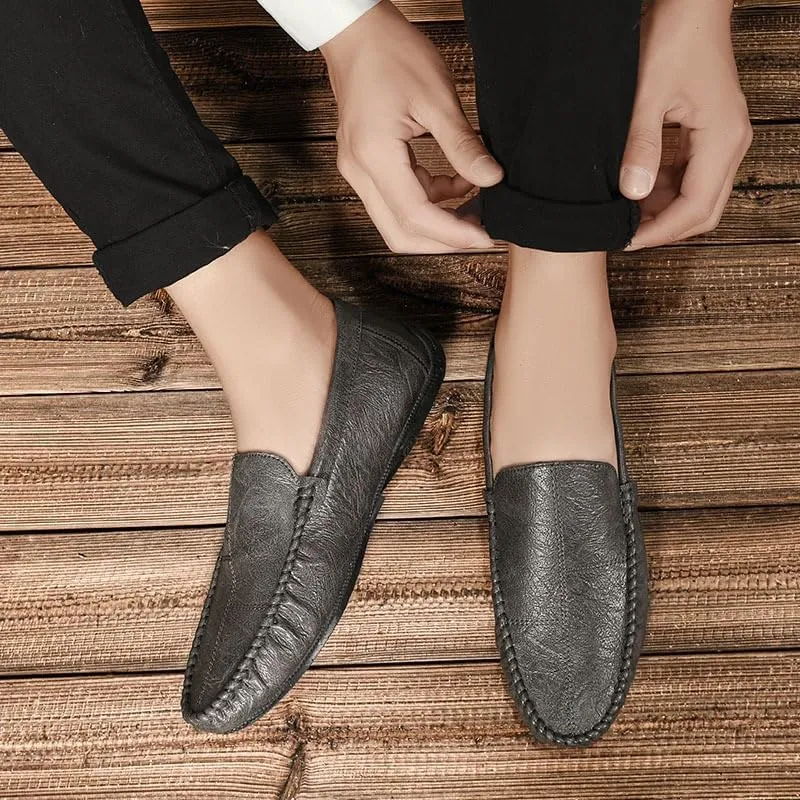 HOOENG Mens Loafers Shoe Vegan Leather Stitching Details Apron Toe Driving Loafers Slip Resistant Lightweight Flat Heel Walking Slip-on