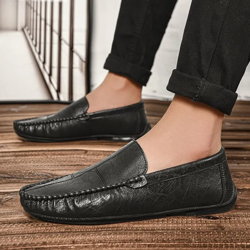HOOENG Mens Loafers Shoe Vegan Leather Stitching Details Apron Toe Driving Loafers Slip Resistant Lightweight Flat Heel Walking Slip-on