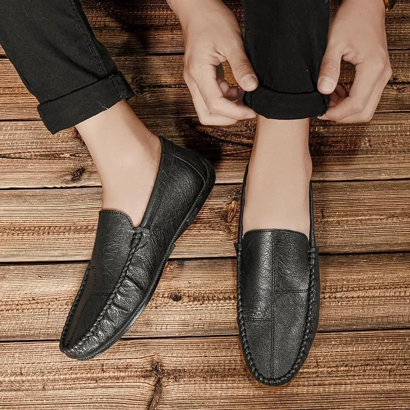 HOOENG Mens Loafers Shoe Vegan Leather Stitching Details Apron Toe Driving Loafers Slip Resistant Lightweight Flat Heel Walking Slip-on