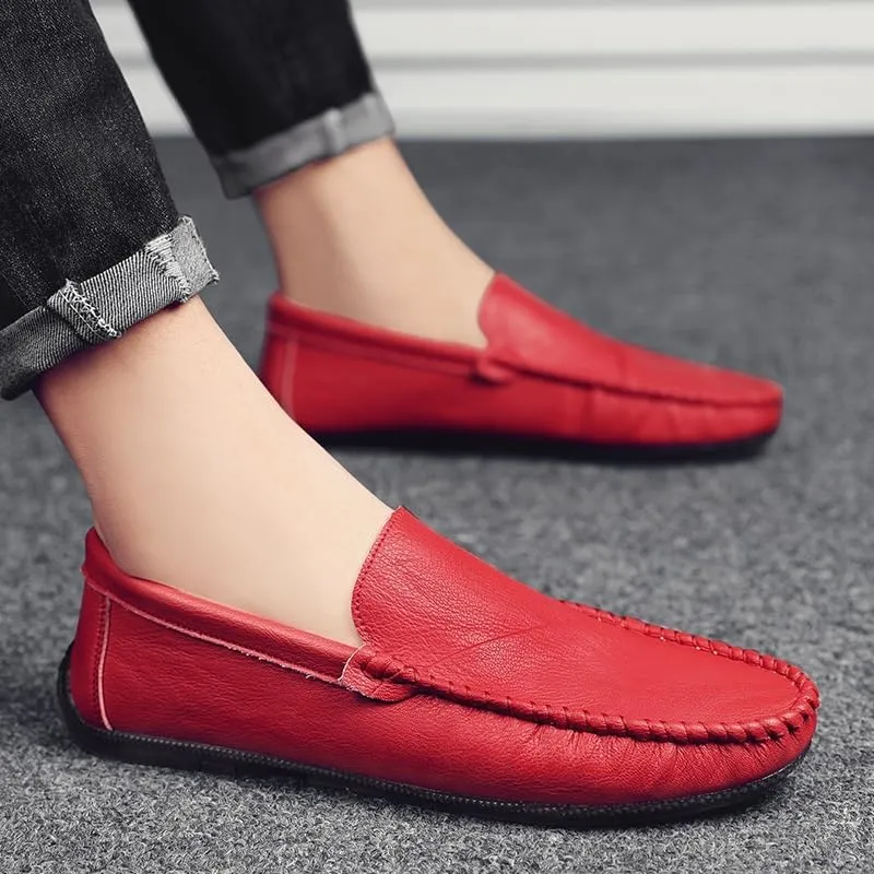 Mens Loafers Round Toe Vegan Leather Driving Loafers Comfortable Flat Heel Flexible Casual Walking Slip-on(Red,9.5)