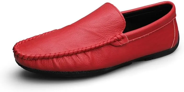 Mens Loafers Round Toe Vegan Leather Driving Loafers Comfortable Flat Heel Flexible Casual Walking Slip-on(Red,9.5)
