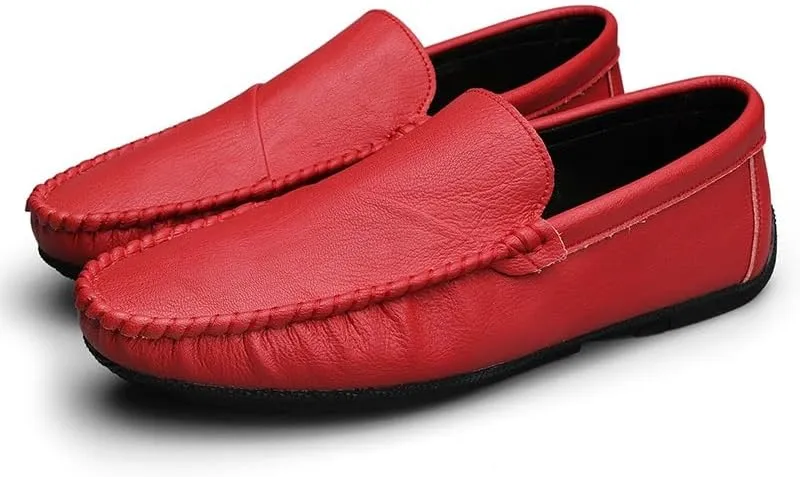 Mens Loafers Round Toe Vegan Leather Driving Loafers Comfortable Flat Heel Flexible Casual Walking Slip-on(Red,9.5)