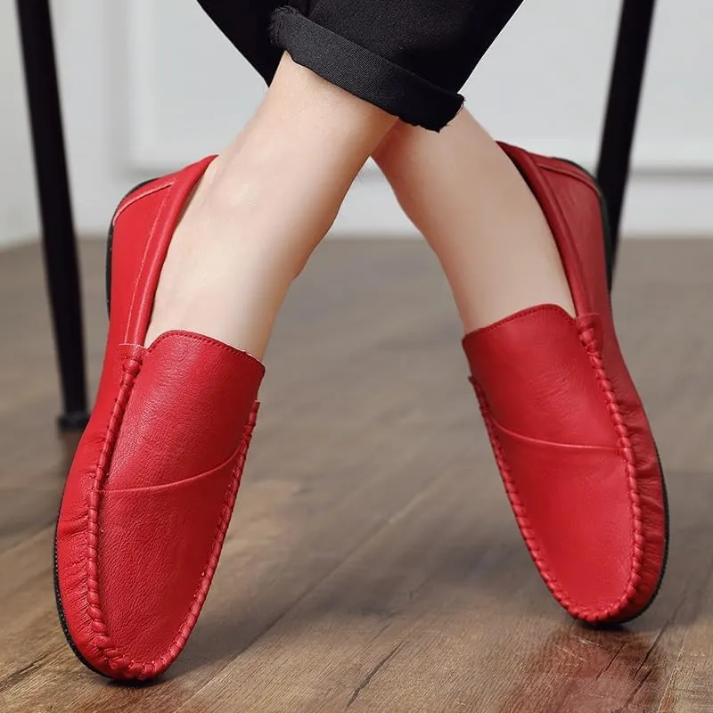 Mens Loafers Round Toe Vegan Leather Driving Loafers Comfortable Flat Heel Flexible Casual Walking Slip-on(Red,9.5)