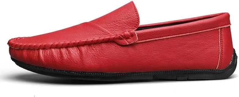 Mens Loafers Round Toe Vegan Leather Driving Loafers Comfortable Flat Heel Flexible Casual Walking Slip-on(Red,9.5)