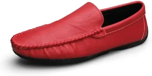 Mens Loafers Round Toe Vegan Leather Driving Loafers Comfortable Flat Heel Flexible Casual Walking Slip-on(Red,9.5)