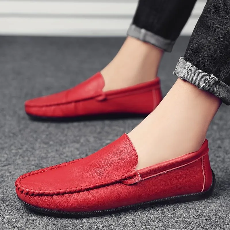 Mens Loafers Round Toe Vegan Leather Driving Loafers Comfortable Flat Heel Flexible Casual Walking Slip-on(Red,9.5)