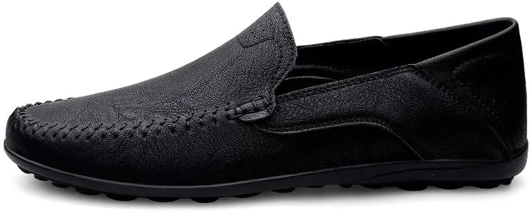 Mens Loafers Solid Color Vegan Leather Manual Stitching Flexible Flat Heel Comfortable Walking Casual Slip-ons