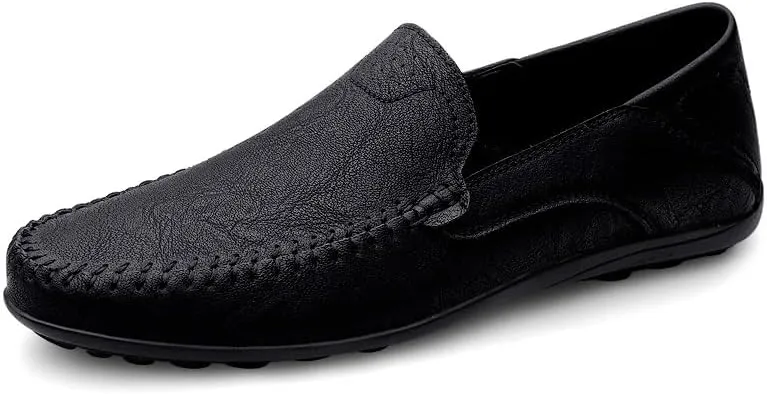 Mens Loafers Solid Color Vegan Leather Manual Stitching Flexible Flat Heel Comfortable Walking Casual Slip-ons