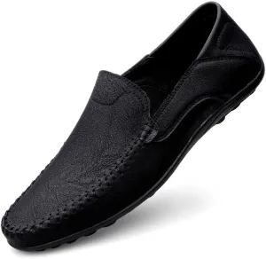 Mens Loafers Solid Color Vegan Leather Manual Stitching Flexible Flat Heel Comfortable Walking Casual Slip-ons