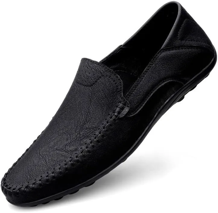 Mens Loafers Solid Color Vegan Leather Manual Stitching Flexible Flat Heel Comfortable Walking Casual Slip-ons
