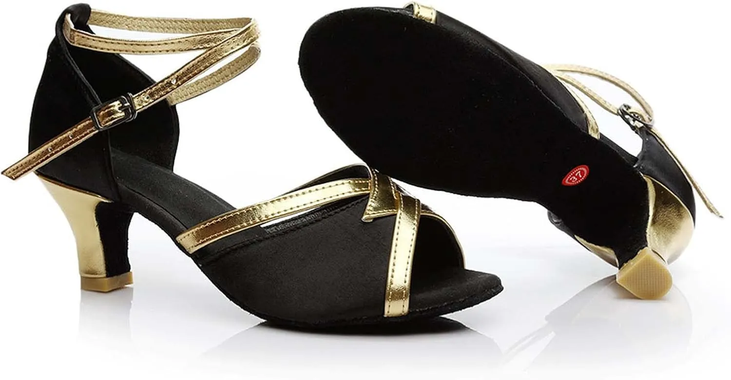 oiangi Womens Satin Latin Dance Shoes Fashion Fish mouth Open toe Mid Heel Sandals Ladies Professional Ballroom Salsa Practice Performance Dancing Shoes