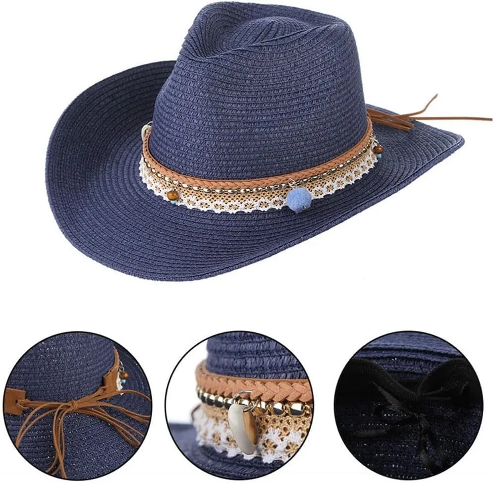 Straw Cowboy Sun Hats for Women Men Western Style Wide Brim Cowgirl Hat Floppy Packable UPF50 Travel Beach Cap