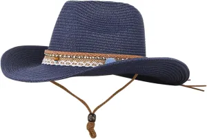 Straw Cowboy Sun Hats for Women Men Western Style Wide Brim Cowgirl Hat Floppy Packable UPF50 Travel Beach Cap
